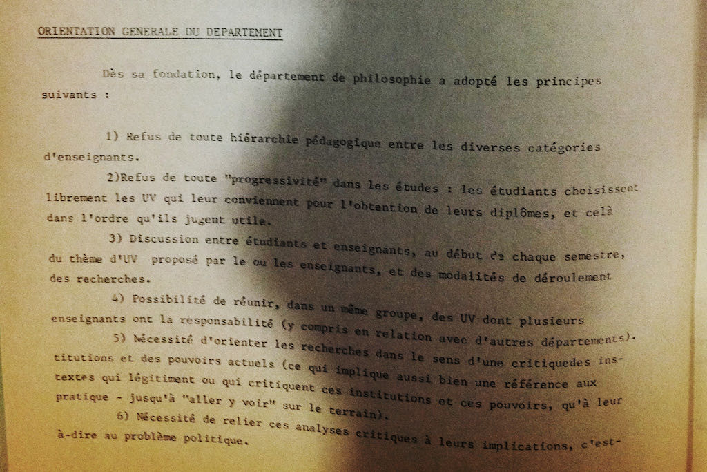 Figure 15: The “General Orientation of the Department” in 1977 rejected academic hierarchy and a linear curriculum, insisting instead on students choosing their own courses, on student input in course topics, on the possibility of co-taught and multidisciplinary courses, and on the legitimacy of political critique and action.
