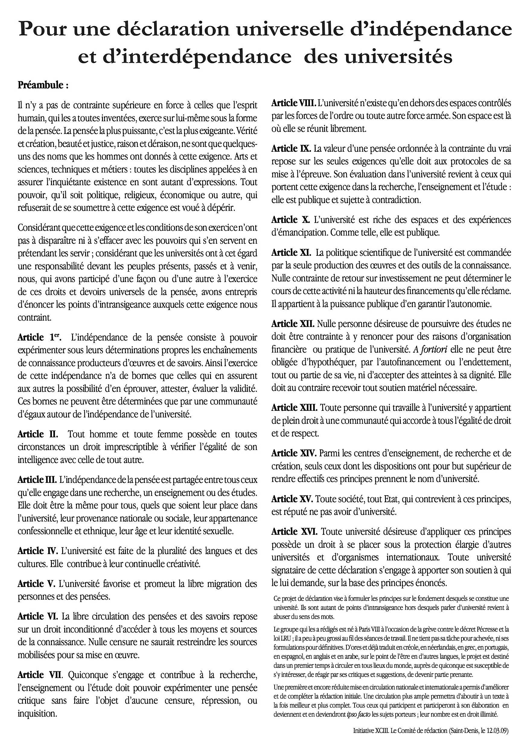 Figure 52:  Printed version of the Universal Declaration of Independence and Interdependence of the Universities.